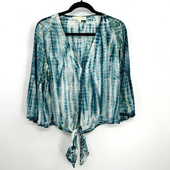 LOVESTITCH Blue Gold Metallic Front Tie Bell Sleeve Boho Blouse Size Small - Picture 2 of 6